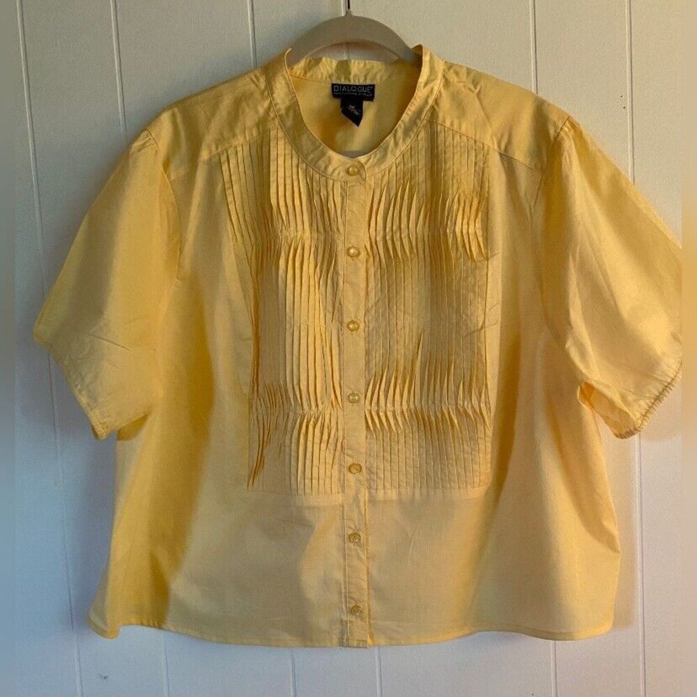 Dialogue Blouse Women’s 3X Yellow Cotton Short Sleeves Button Up Pleated Summer